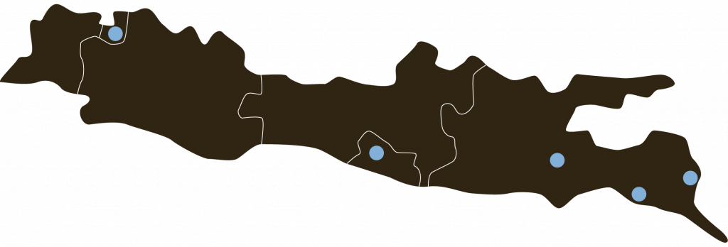 Sehr vereinfachte Karte der Insel Java in dunkelbraun mit runden, hellbaluen Markern