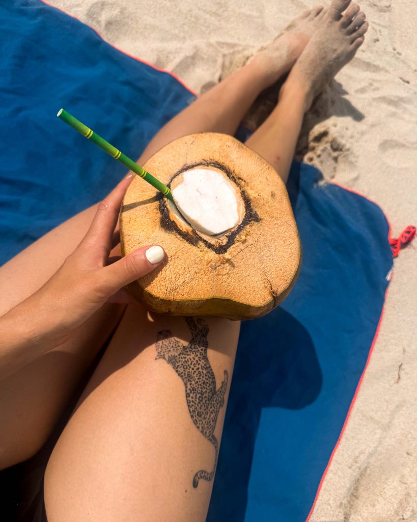 Der Cocktail Coco Loco wird auf der Isla Tortuga in Costa Rica in einer Kokosnuss serviert